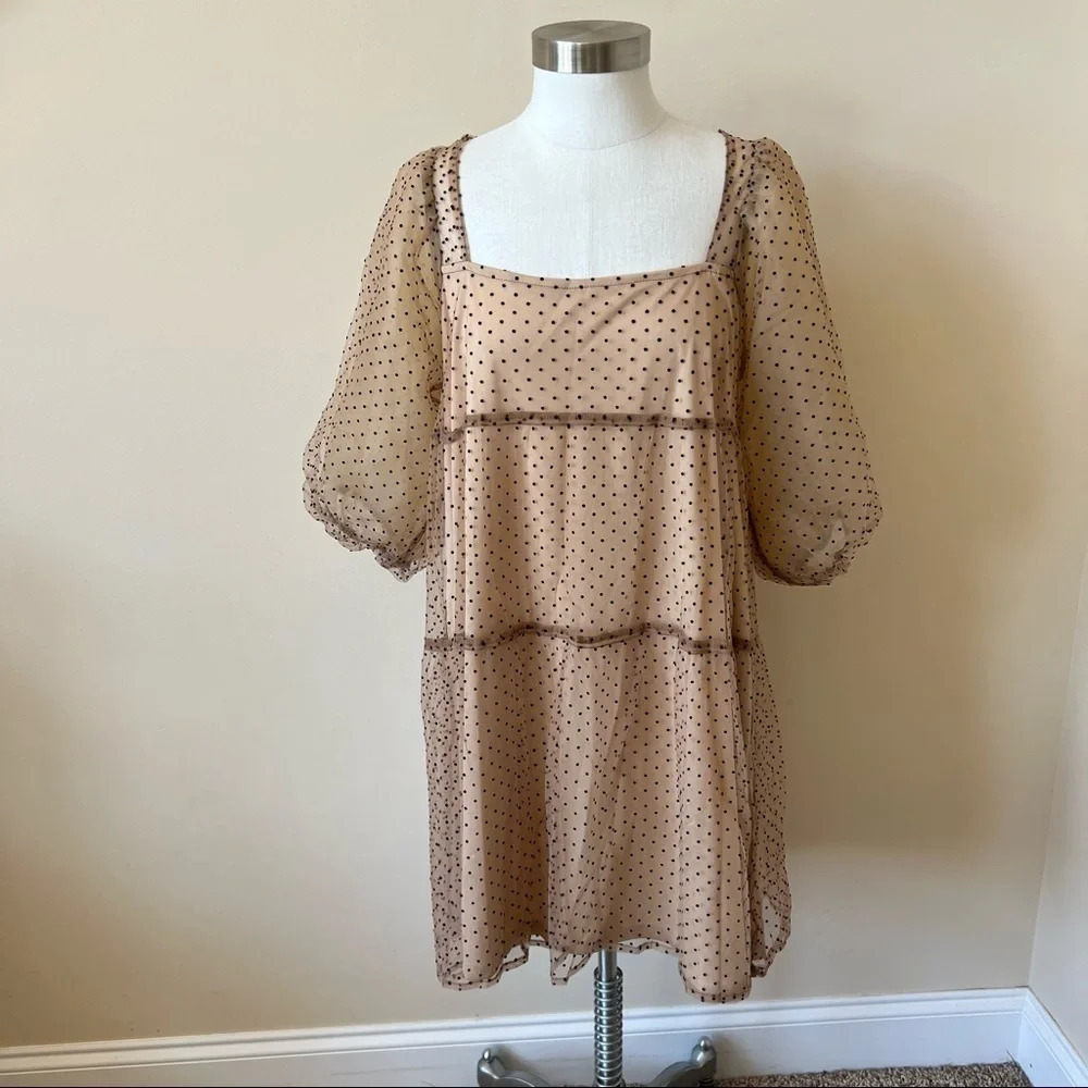 Vernacular dotted mesh square neck puff sleeve peasant dress 5331